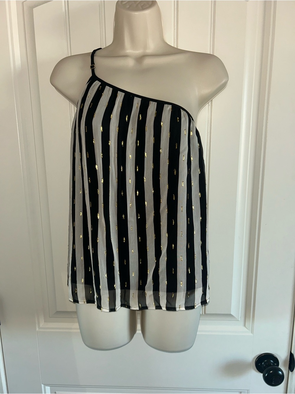 Fifteen Twenty Black & White One-Shoulder Stripe Blouse with Gold Accents Sz S